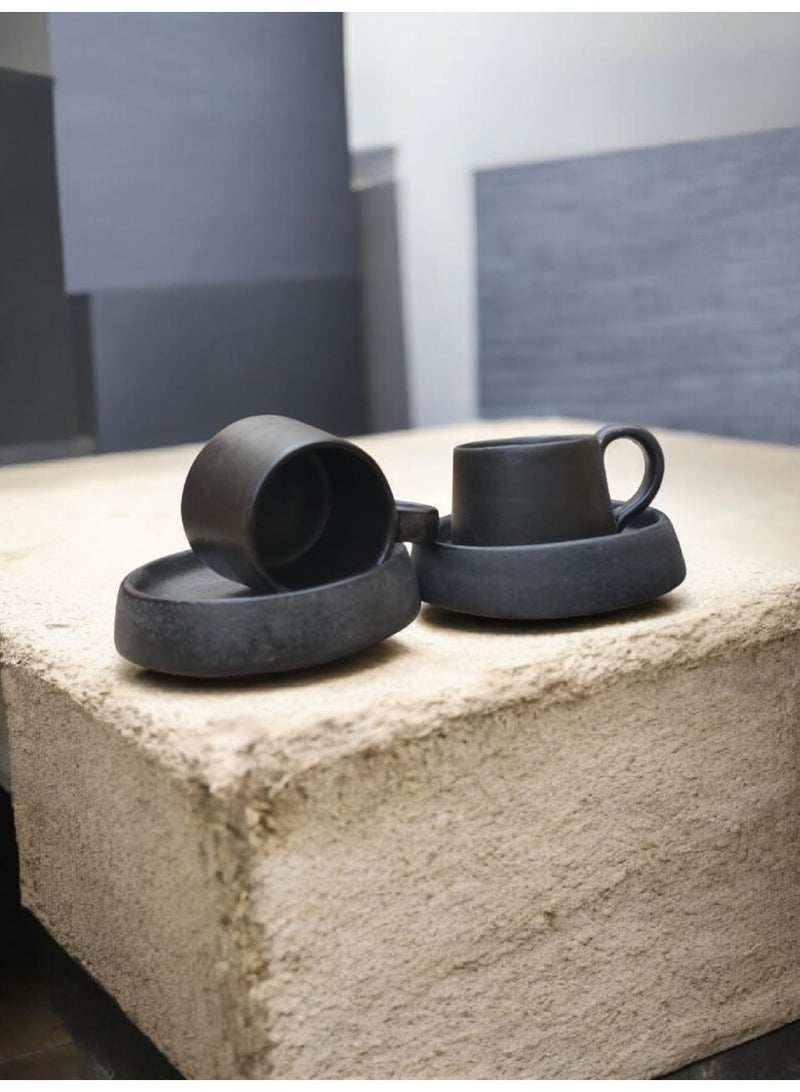 color zone pottery Two cups and saucers in a unique design, microwave safe, handmade from pottery. - Image 2